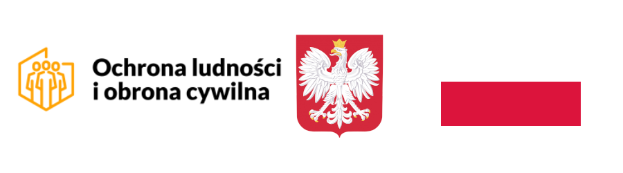 Trzy loga obok siebie: 1) Pomarańczowy symbol z ludźmi w okręgu "Ochrona ludności i obrona cywilna", 2) Czerwone godło z białym orłem w koronie, 3) Biało-czerwona flaga Polski.