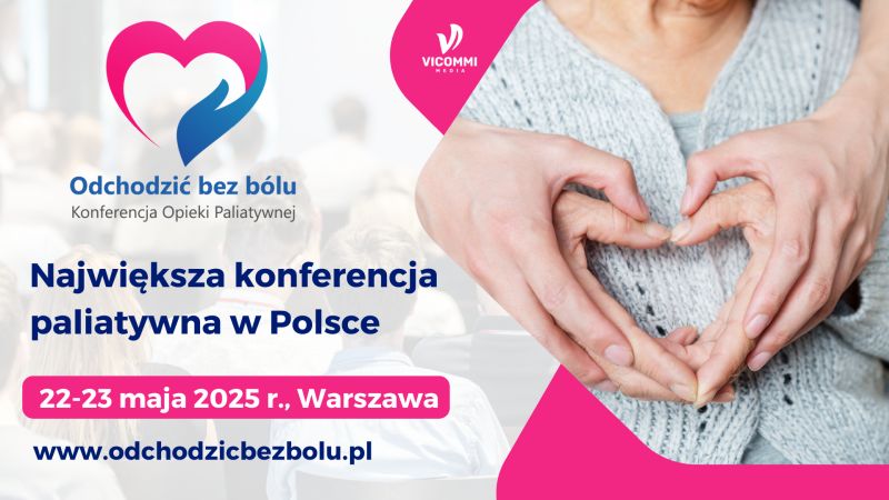 Plakat konferencji Odchodzić bez bólu - Po lewej stronie nfomracjai o wydarzeniu po prawej stronie sylwetka kobiety i ręce mężczyzny trzymające dłonie kobiety ułożone w serce