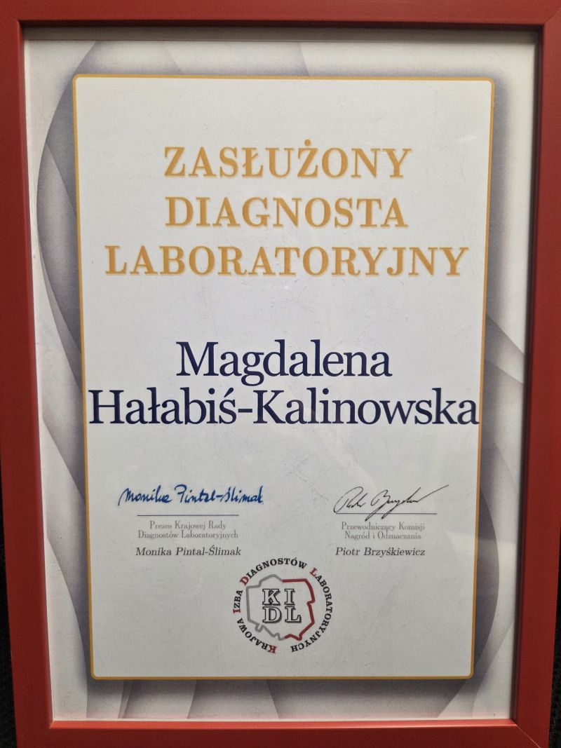 Dyplom zasłużony diagnosta laboratoryjny Magdalena Hałabiś Kallinowska