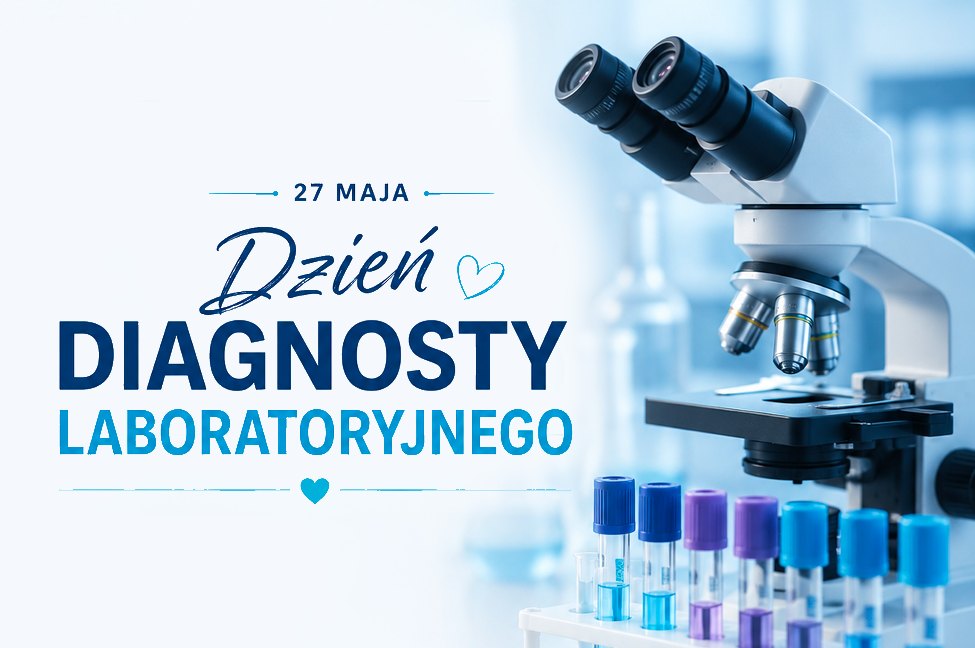 Grafika z napisem „27 maja – Dzień Diagnosty Laboratoryjnego” i ilustracją mikroskopu oraz probówek z próbkami.