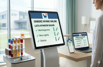 infografika o mozliwosci odbierania wynikow badan laboratoryjnych poprzez wynikomat, telefon czy komputer