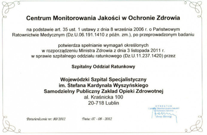 Certyfikat dla Szpitalnego Oddziału Ratunkowego