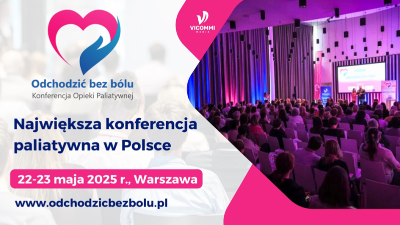 Ulotka konferencji odchodzić bez bólu - jasnym tle informacje dotyczące daty i miejsca wydarzenia oraz zdjęcie sali konferencyjnej z uczestnikami