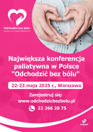 Plakat konferencji odchodzić bez bólu - na różowym tle informacje dotyczące daty i miejsca wydarzenia oraz sylwetka kobiety z rękoma mężczyzny trzymającymi ręce kobiety ułożone w serce
