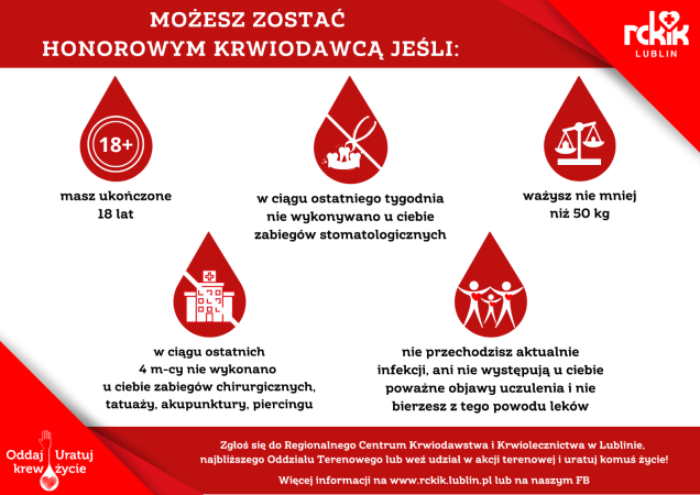 Infografika RCKiK w Lublinie przedstawiająca czerwone krople krwi z ikonami i warunkami zostania honorowym dawcą: ukończone 18 lat, masa ciała co najmniej 50 kg, brak zabiegów stomatologicznych w ostatnim tygodniu, brak zabiegów chirurgicznych, tatuażu, akupunktury lub piercingu w ostatnich 4 miesiącach oraz brak aktualnej infekcji, poważnych objawów uczulenia i przyjmowania z tego powodu leków.